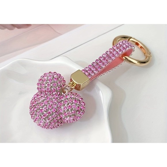 Mickey Rhinestone keychain/pendant & fur ball PINK/SILVER/RED - Picture 4 of 7